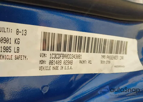 2013 Dodge Dart Sxt из США, поврежденный, VIN 1C3CDFBA0DD343081